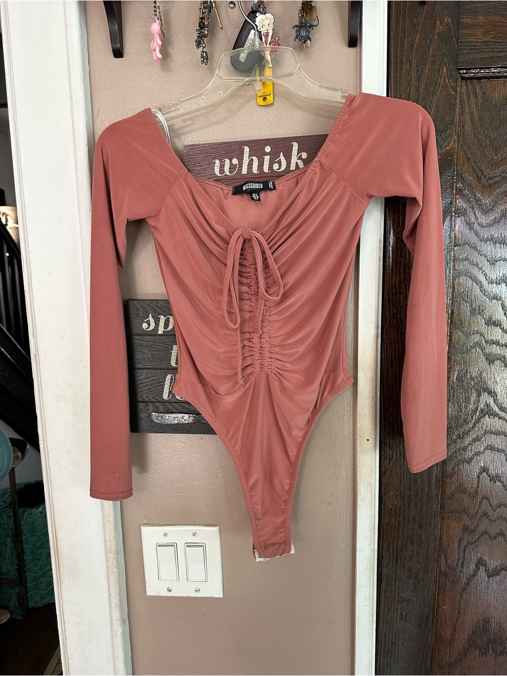 Missguided Rust Pink Ruched Tie-Front Long Sleeve Bodysuit